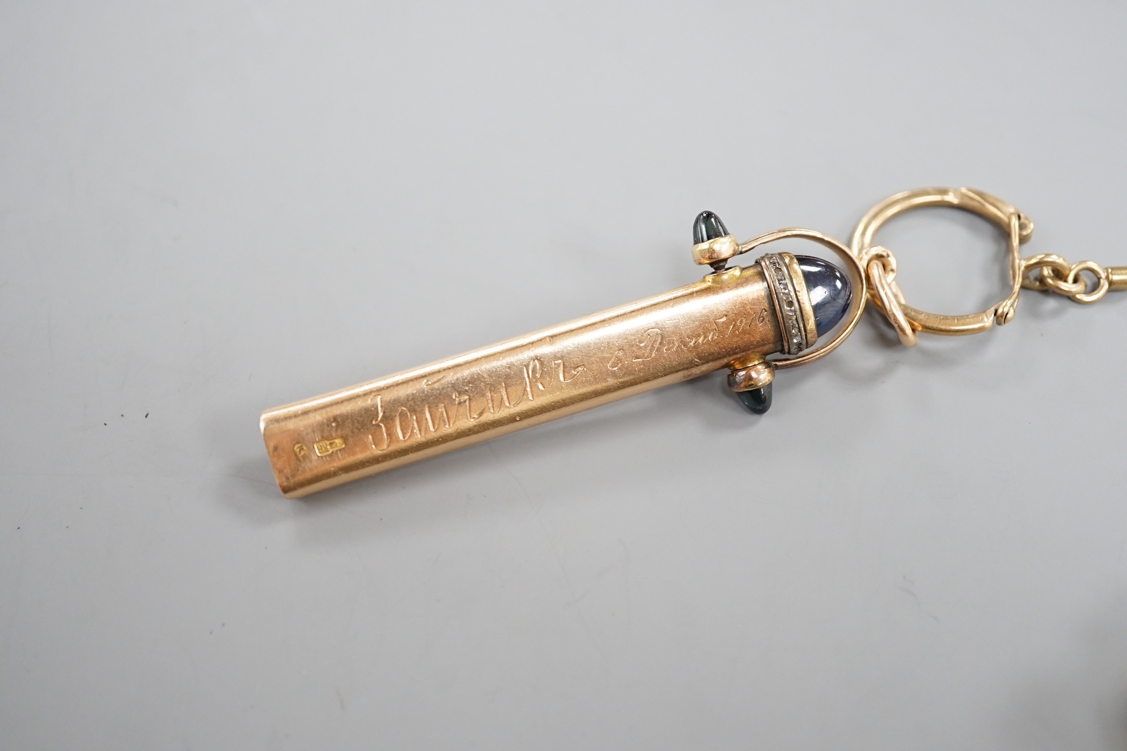 An early 20th century Russian 56 zolotnik yellow metal, four stone blue cabochon and rose cut diamond set propelling pencil holder, maker's mark, HW? overall 79mm, gross 18.7 grams, hung from a 9ct gold key ring, 3.8 gra
